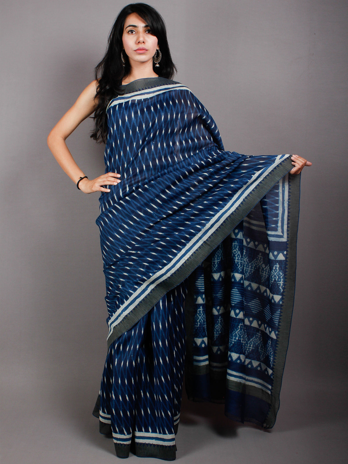Indigo Ivory White Hand Block Printed in Natural Vegetable Colors Chanderi Saree With Geecha Border - S03170505
