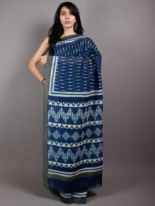 Indigo Ivory White Hand Block Printed in Natural Vegetable Colors Chanderi Saree With Geecha Border - S03170505
