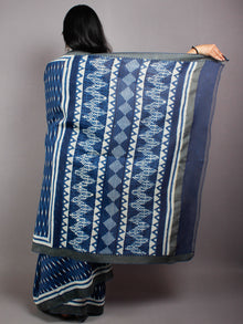 Indigo Ivory White Hand Block Printed in Natural Vegetable Colors Chanderi Saree With Geecha Border - S03170505