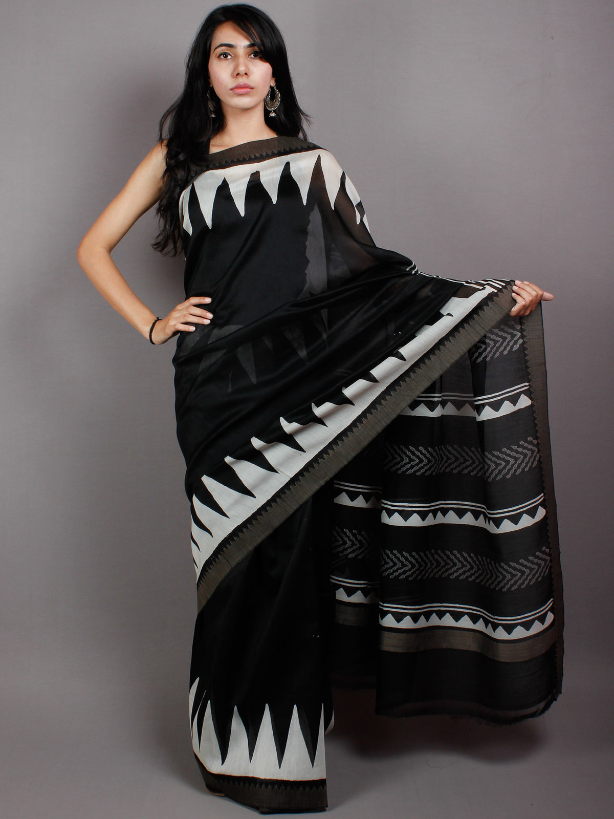 Black White Hand Block Printed in Natural Vegetable Colors Chanderi Saree With Geecha Border - S03170506