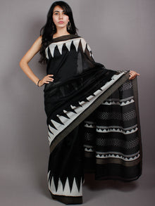 Black White Hand Block Printed in Natural Vegetable Colors Chanderi Saree With Geecha Border - S03170506