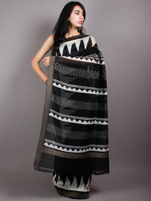 Black White Hand Block Printed in Natural Vegetable Colors Chanderi Saree With Geecha Border - S03170506