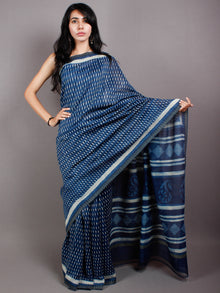 Indigo Ivory White Hand Block Printed in Natural Vegetable Colors Chanderi Saree With Geecha Border - S03170508
