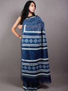 Indigo Ivory White Hand Block Printed in Natural Vegetable Colors Chanderi Saree With Geecha Border - S03170508