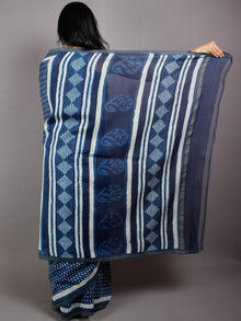 Indigo Ivory White Hand Block Printed in Natural Vegetable Colors Chanderi Saree With Geecha Border - S03170508