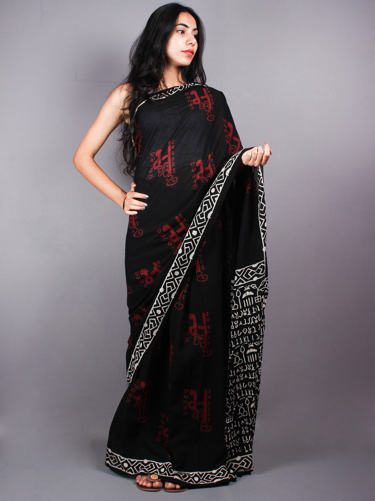 Black Red Cotton Hand Block Printed Saree - S0317051