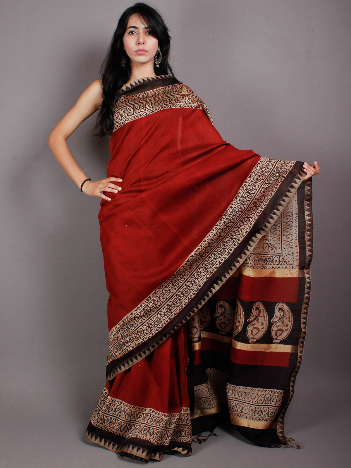 Red Black Hand Block Bagru Printed in Natural Vegetable Colors Chanderi Saree With Geecha Border - S03170510