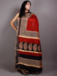 Red Black Hand Block Bagru Printed in Natural Vegetable Colors Chanderi Saree With Geecha Border - S03170510