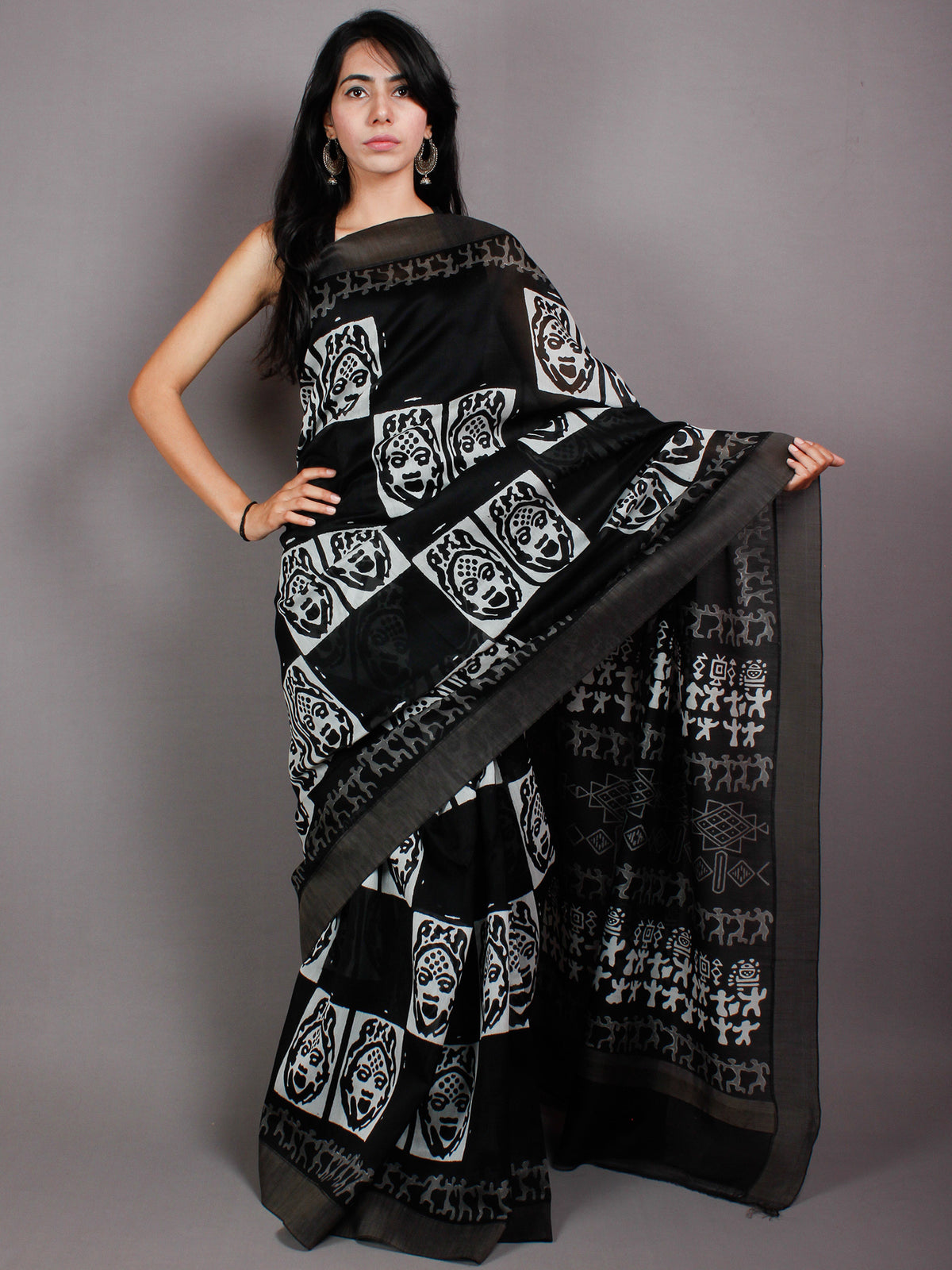 Black White Hand Block Printed in Natural Vegetable Colors Chanderi Saree With Geecha Border - S03170511
