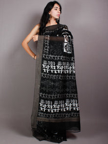 Black White Hand Block Printed in Natural Vegetable Colors Chanderi Saree With Geecha Border - S03170511