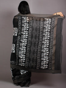 Black White Hand Block Printed in Natural Vegetable Colors Chanderi Saree With Geecha Border - S03170511