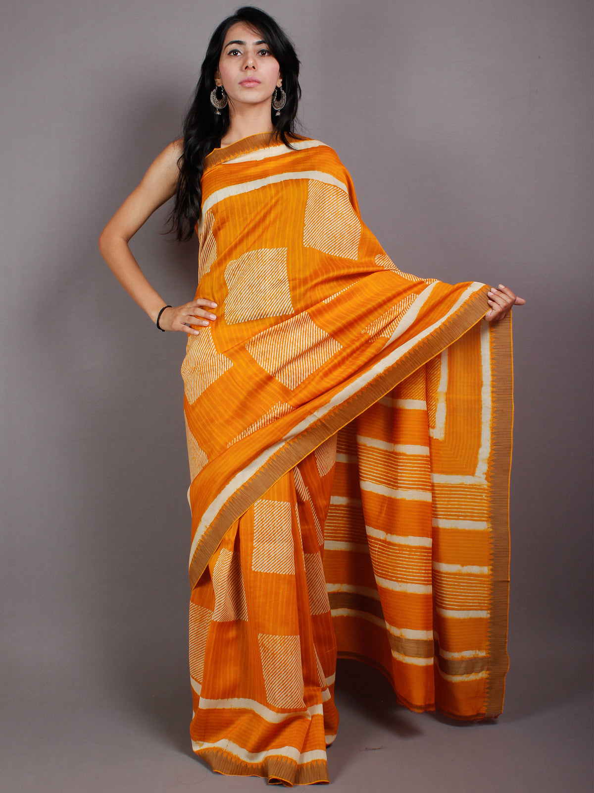 Yellow Beige White Hand Block Printed in Natural Vegetable Colors Chanderi Saree With Geecha Border - S03170513