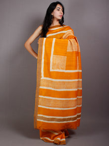 Yellow Beige White Hand Block Printed in Natural Vegetable Colors Chanderi Saree With Geecha Border - S03170513