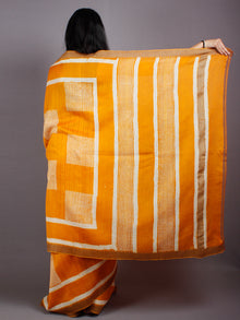 Yellow Beige White Hand Block Printed in Natural Vegetable Colors Chanderi Saree With Geecha Border - S03170513