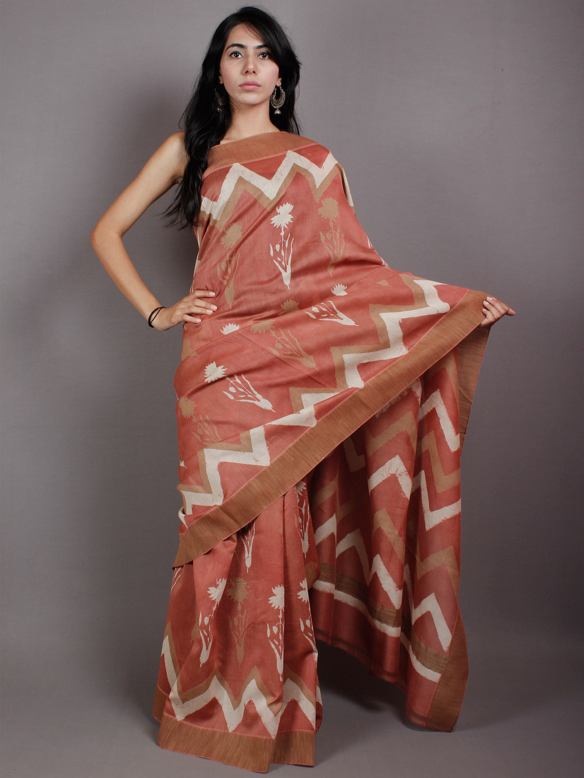 Pastel Peach Beige White Hand Block Printed in Natural Vegetable Colors Chanderi Saree With Geecha Border - S03170515