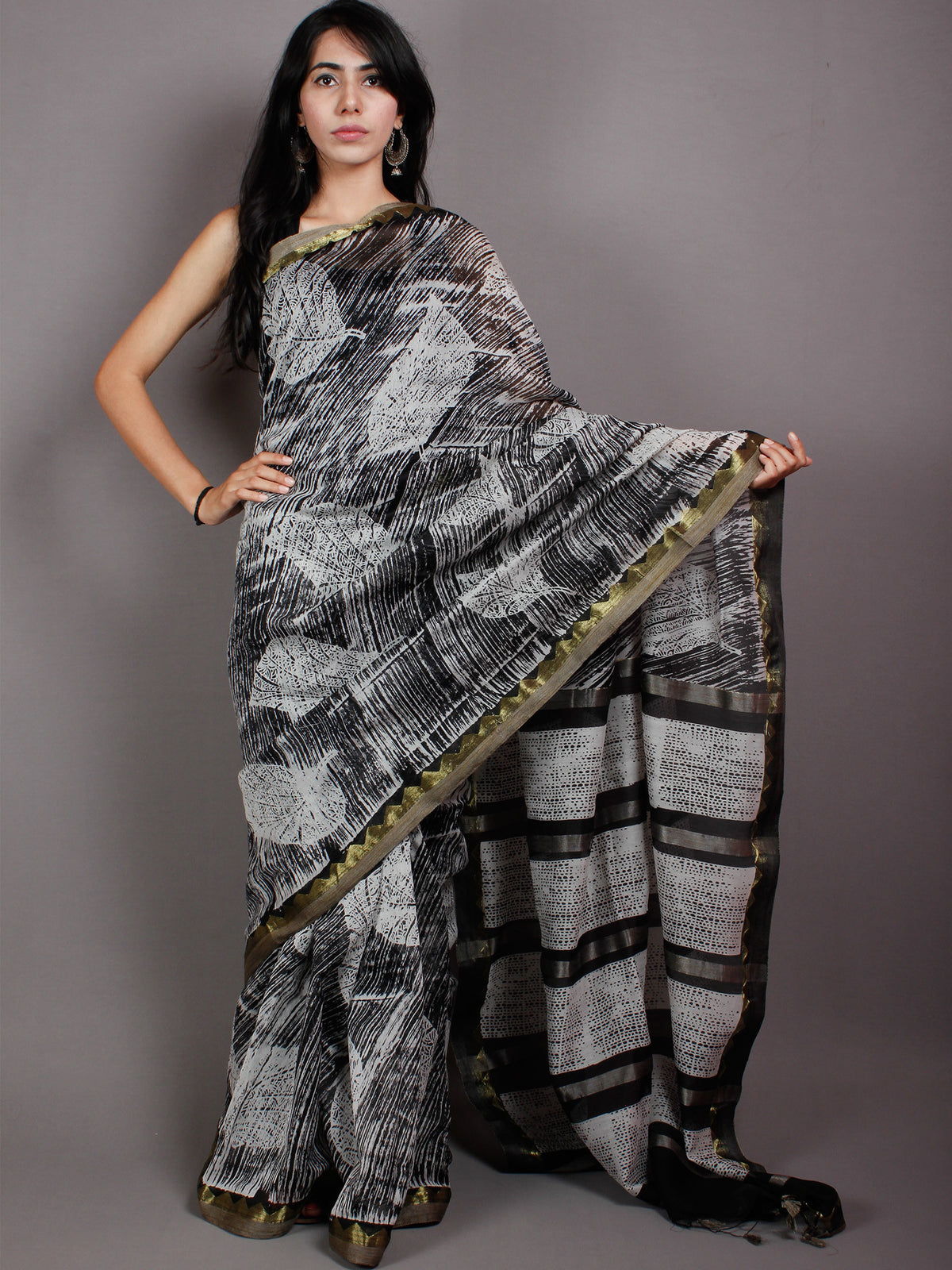 Black White Hand Block Printed in Natural Vegetable Colors Chanderi Saree With Geecha Zari Border - S03170516