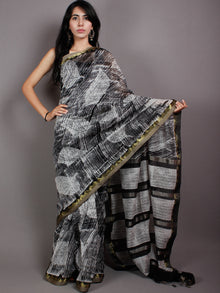 Black White Hand Block Printed in Natural Vegetable Colors Chanderi Saree With Geecha Zari Border - S03170516