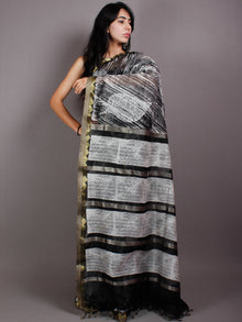 Black White Hand Block Printed in Natural Vegetable Colors Chanderi Saree With Geecha Zari Border - S03170516