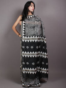 Black Ivory White Hand Block Printed in Natural Vegetable Colors Chanderi Saree With Geecha Border - S03170519