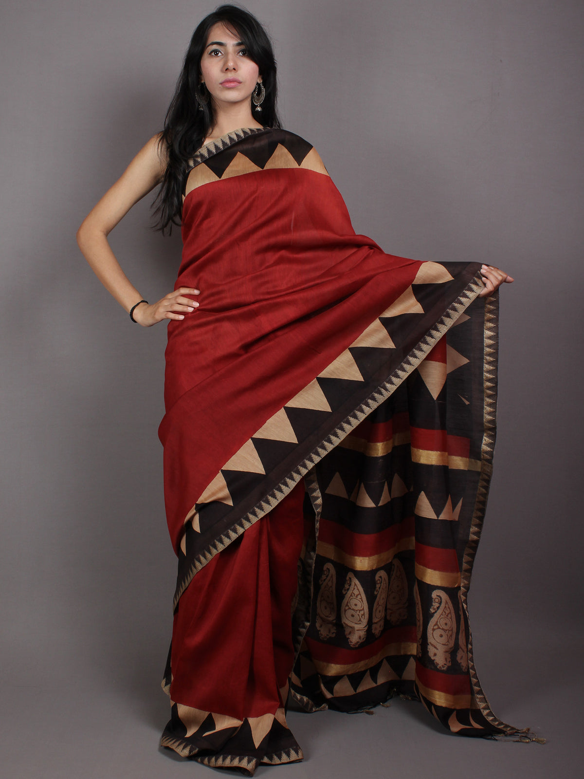 Red Beige Black Hand Block Printed in Natural Vegetable Colors Chanderi Saree With Geecha Border - S03170520