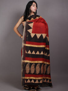 Red Beige Black Hand Block Printed in Natural Vegetable Colors Chanderi Saree With Geecha Border - S03170520