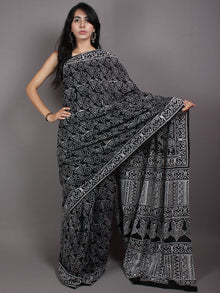 Black White Cotton Hand Block Printed Saree in Natural Colors - S03170522