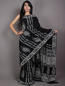 Black White Cotton Hand Block Printed Saree in Natural Colors - S03170523