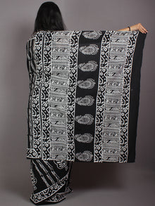 Black White Cotton Hand Block Printed Saree in Natural Colors - S03170523