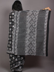 Black Grey White Cotton Hand Block Printed Saree in Natural Colors - S03170524