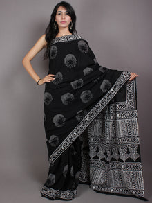 Black White Cotton Hand Block Printed Saree in Natural Colors - S03170525