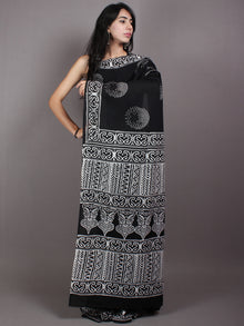Black White Cotton Hand Block Printed Saree in Natural Colors - S03170525