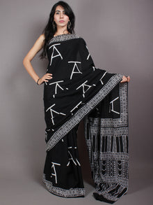 Black White Cotton Hand Block Printed Saree in Natural Colors - S03170526