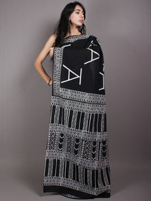 Black White Cotton Hand Block Printed Saree in Natural Colors - S03170526