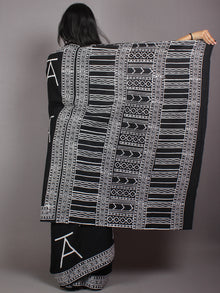 Black White Cotton Hand Block Printed Saree in Natural Colors - S03170526