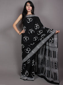 Black White Cotton Hand Block Printed Saree in Natural Colors - S03170527