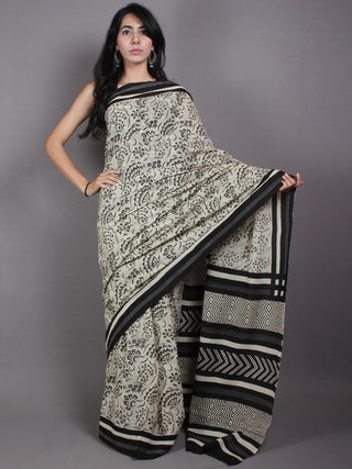 Beige Black Grey Cotton Hand Block Printed Saree in Natural Colors - S03170529