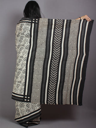 Beige Black Grey Cotton Hand Block Printed Saree in Natural Colors - S03170529