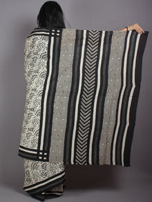Beige Black Grey Cotton Hand Block Printed Saree in Natural Colors - S03170529