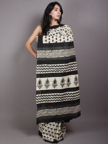 Ivory Black Cotton Hand Block Printed Saree in Natural Colors - S03170530