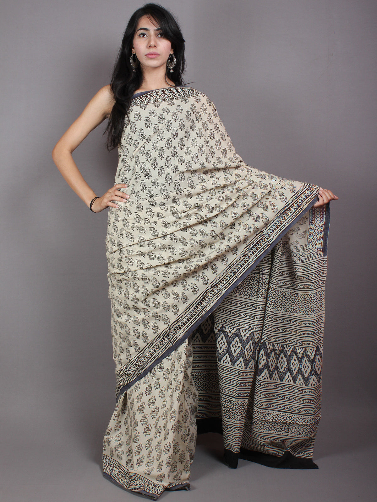Beige Black Cotton Hand Block Printed Saree in Natural Colors - S03170531
