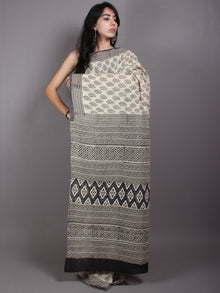Beige Black Cotton Hand Block Printed Saree in Natural Colors - S03170531