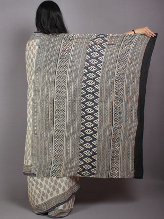 Beige Black Cotton Hand Block Printed Saree in Natural Colors - S03170531