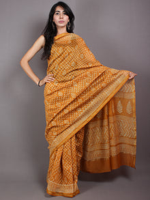 Yellow Beige Hand Block Bagru Printed in Natural Vegetable Colors Chanderi Saree - S03170534