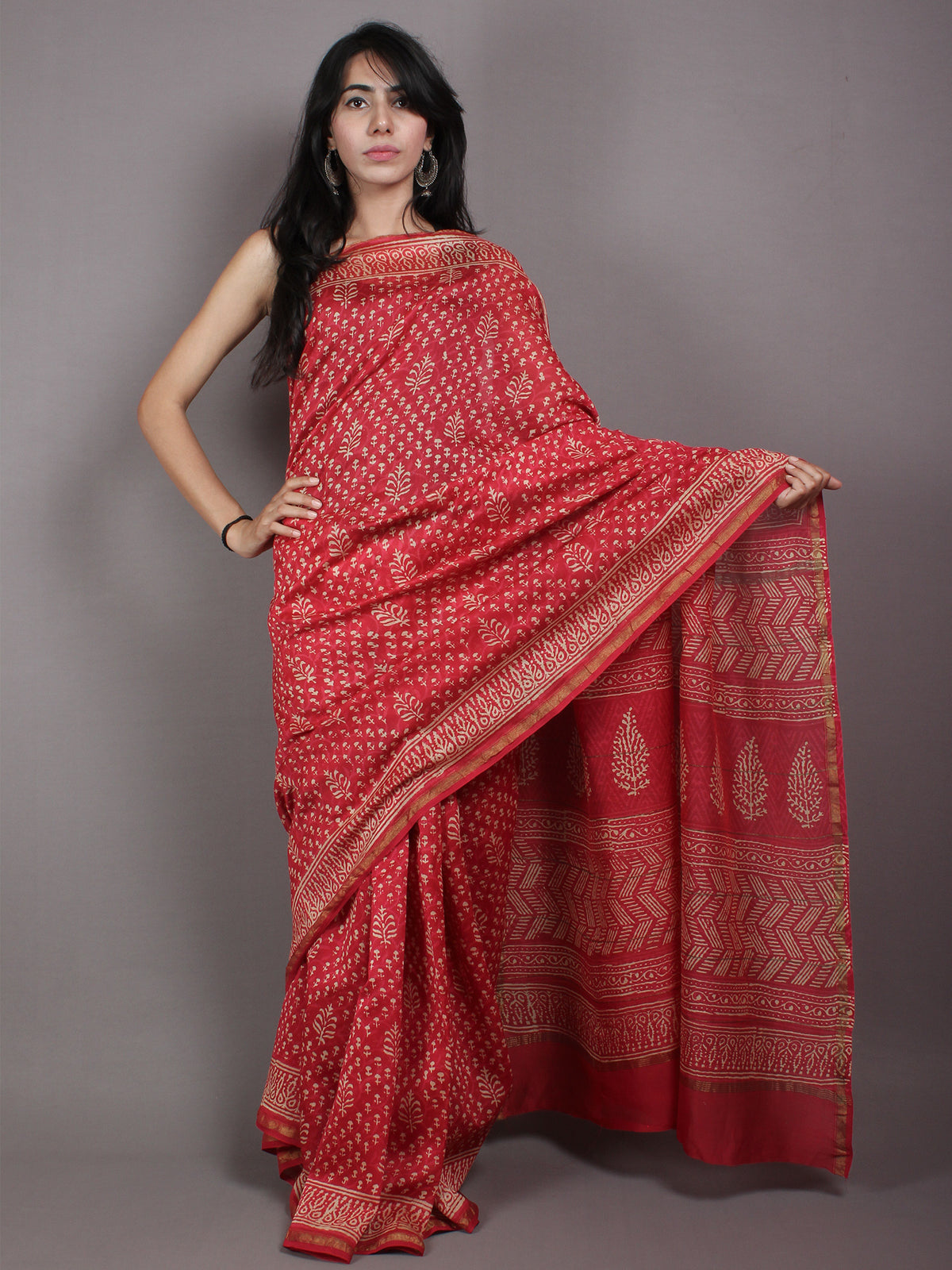Red Pink Beige Hand Block Bagru Printed in Natural Vegetable Colors Chanderi Saree - S03170535