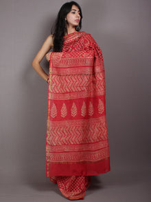 Red Pink Beige Hand Block Bagru Printed in Natural Vegetable Colors Chanderi Saree - S03170535