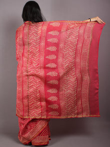 Red Pink Beige Hand Block Bagru Printed in Natural Vegetable Colors Chanderi Saree - S03170535