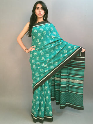 Basil Green Beige Hand Block Printed Cotton Saree in Natural Colors With Black Border- S03170536