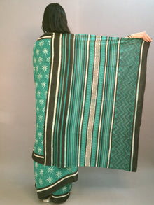 Basil Green Beige Hand Block Printed Cotton Saree in Natural Colors With Black Border- S03170536