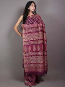 Purple Beige Pink Hand Block Bagru Printed in Natural Vegetable Colors Chanderi Saree - S03170538