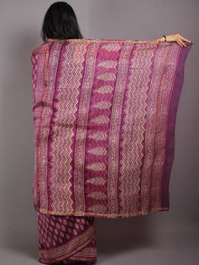 Purple Beige Pink Hand Block Bagru Printed in Natural Vegetable Colors Chanderi Saree - S03170538